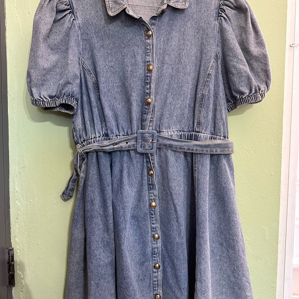 Denim Blue Dress with Puff Sleeves